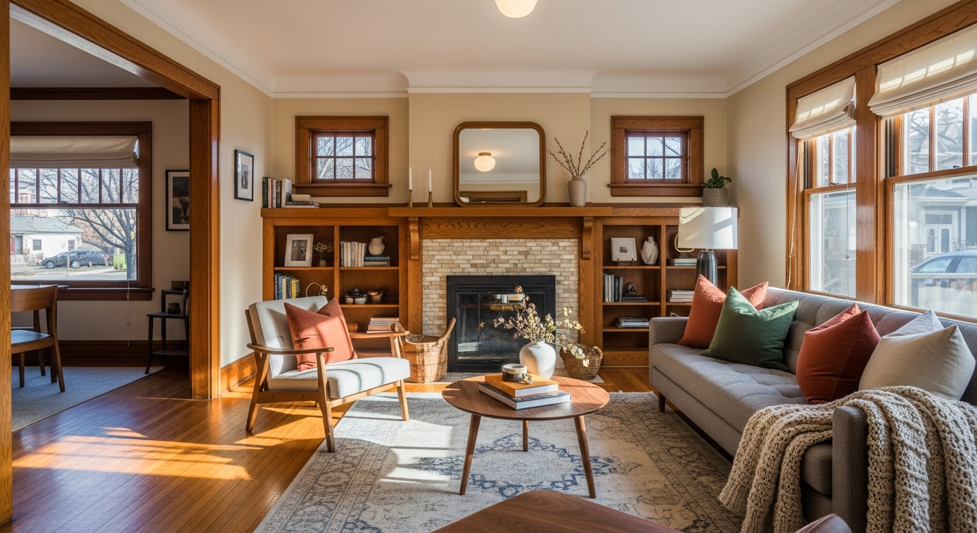 Charming restored Denver bungalow interior with warm wood and cozy luxury furnishings
